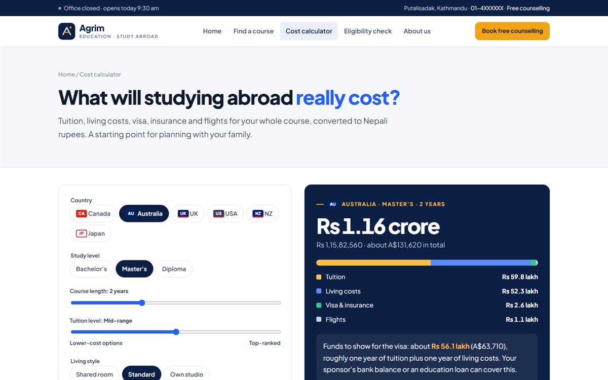 Agrim Education cost calculator
