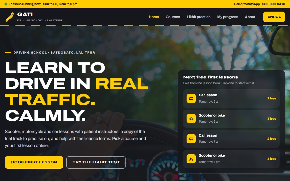 Gati Driving School website, home page