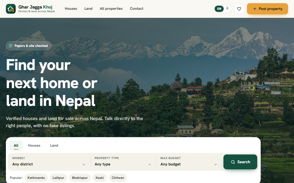 Ghar Jagga Khoj Nepal website, home page