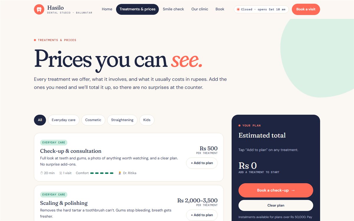 Hasilo Dental Studio treatments and price planner