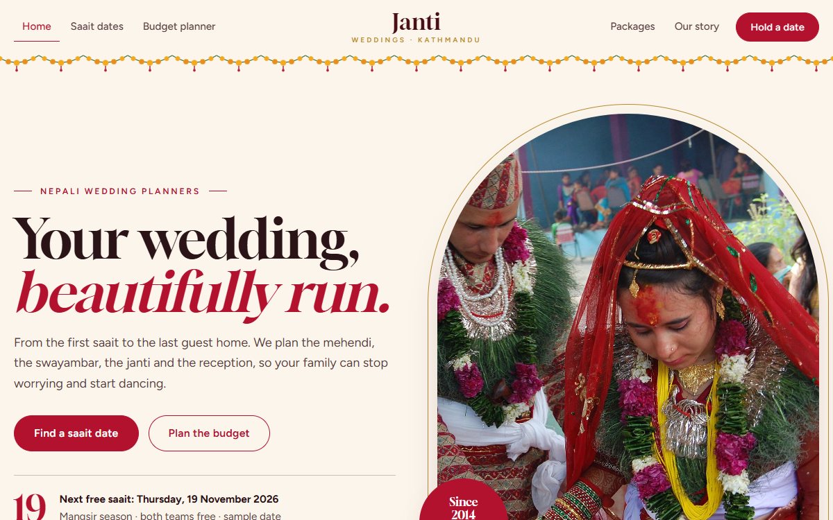 Janti Weddings website, home page