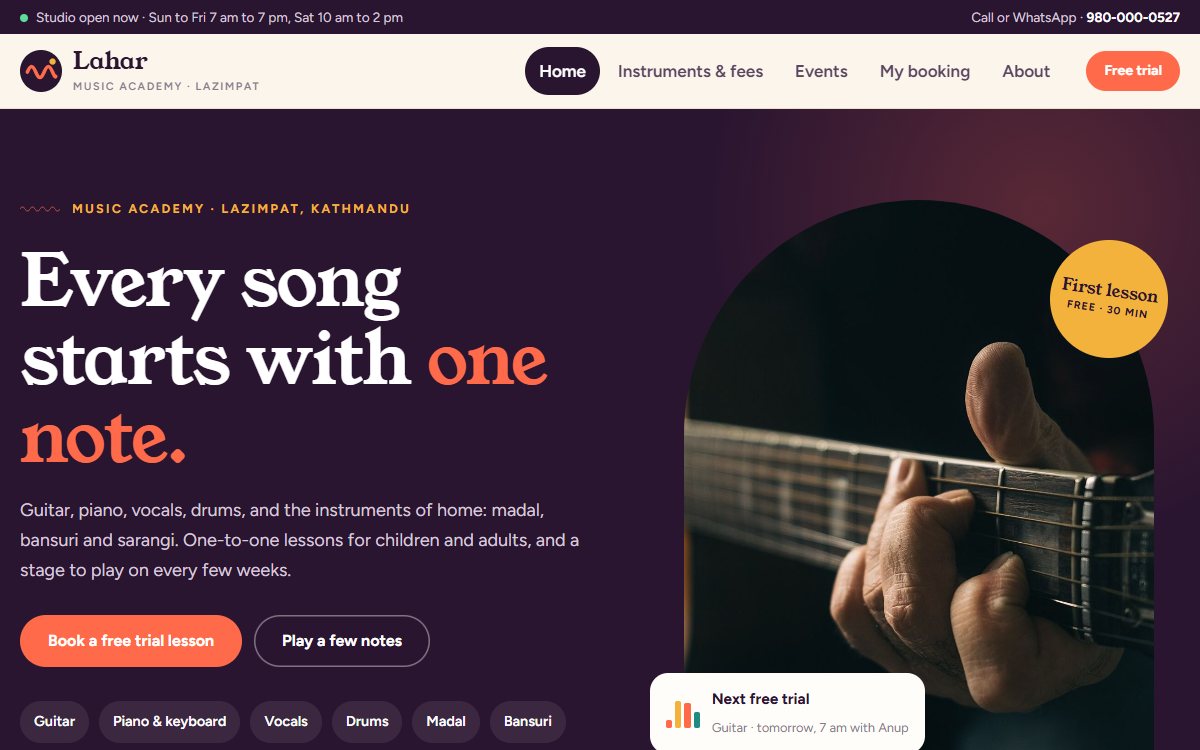 Lahar Music Academy website, home page
