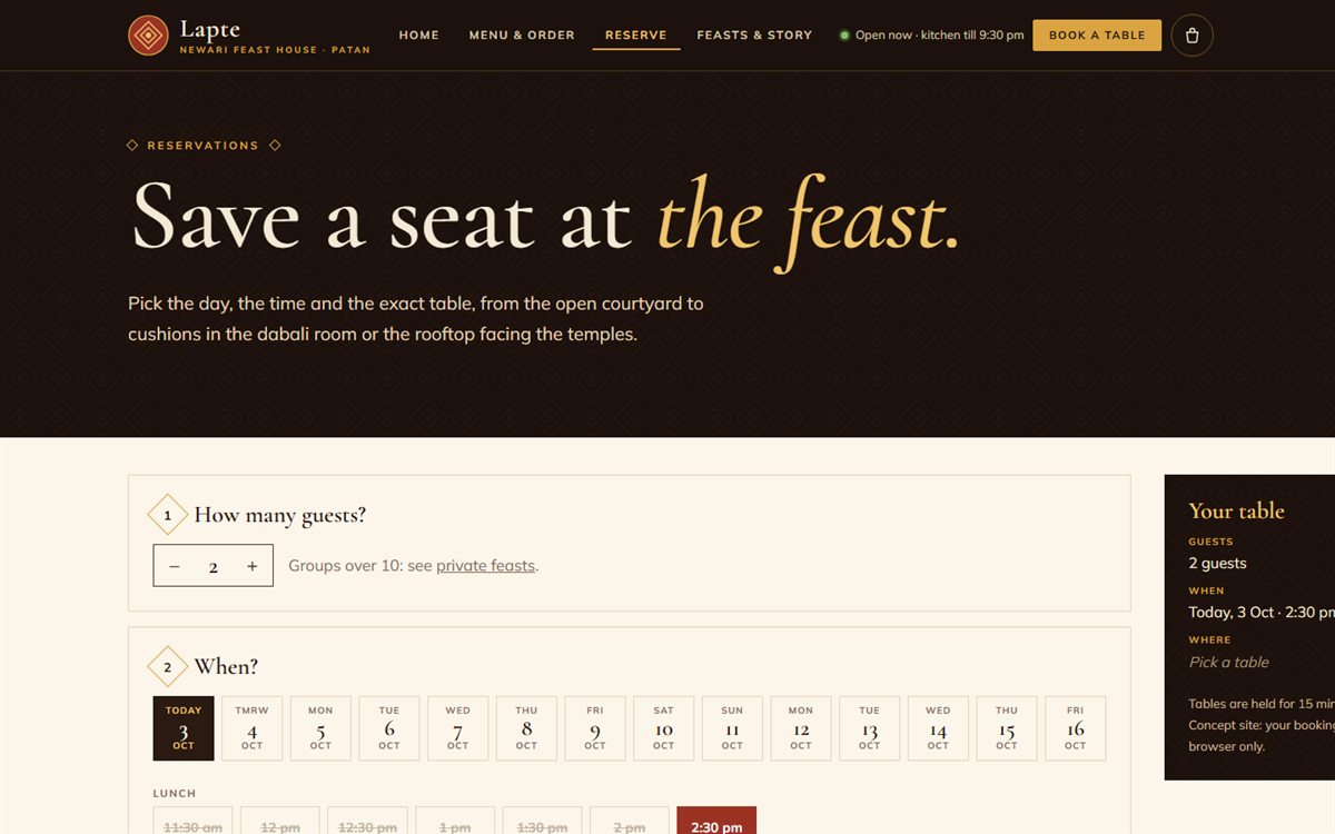 Lapte table reservation page
