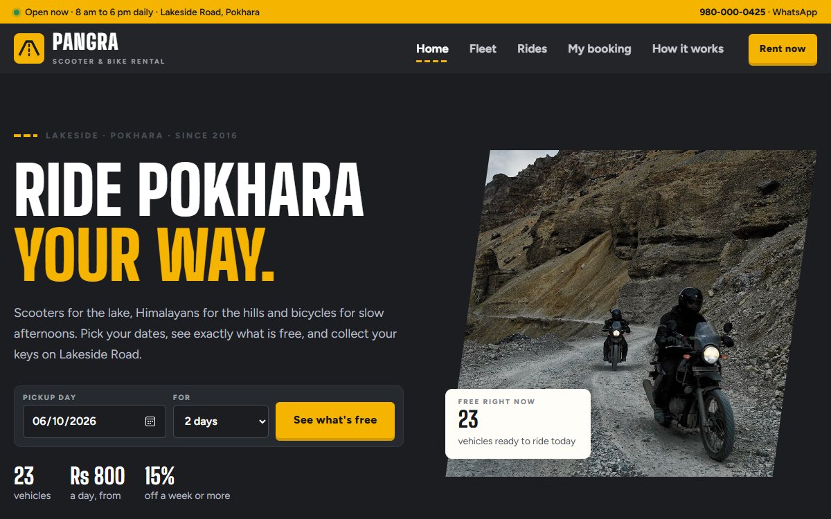 Pangra Rentals website, home page