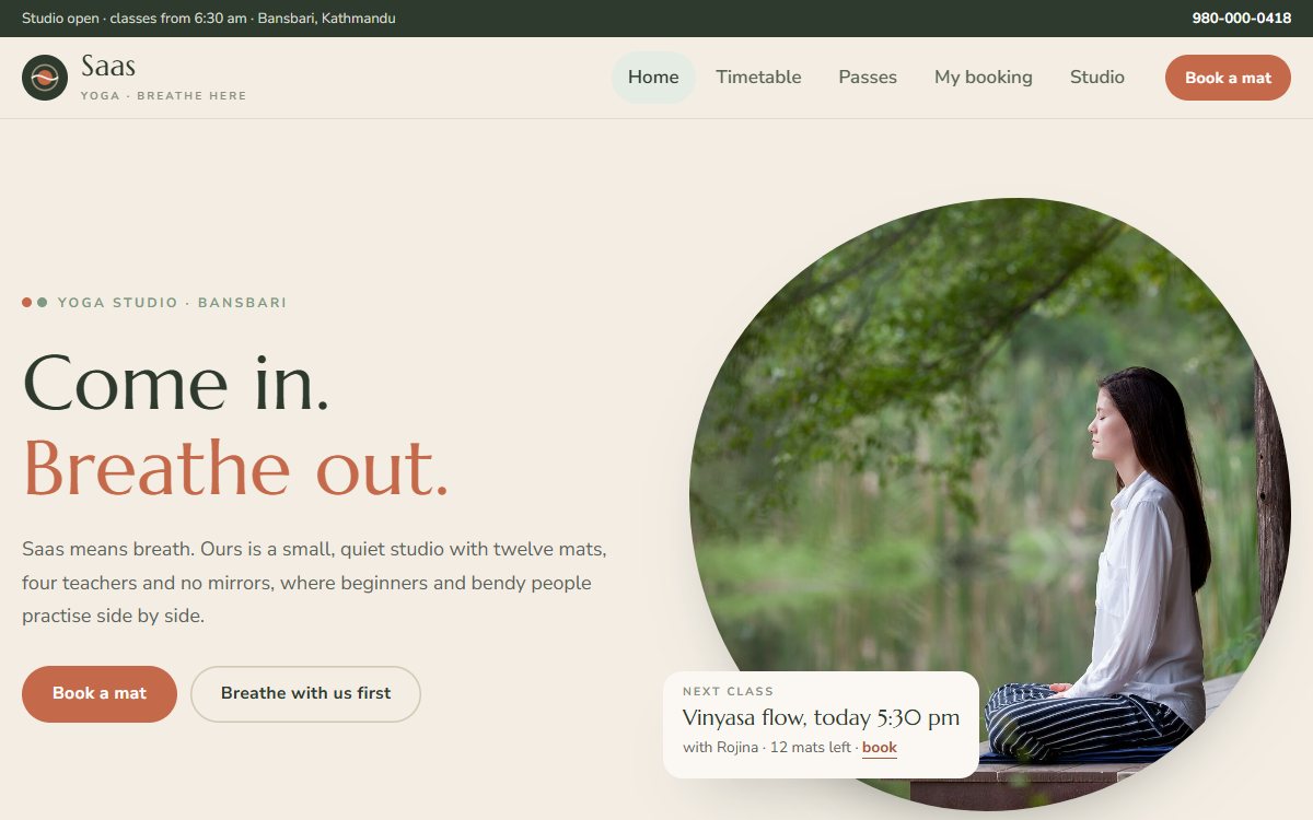 Saas Yoga website, home page
